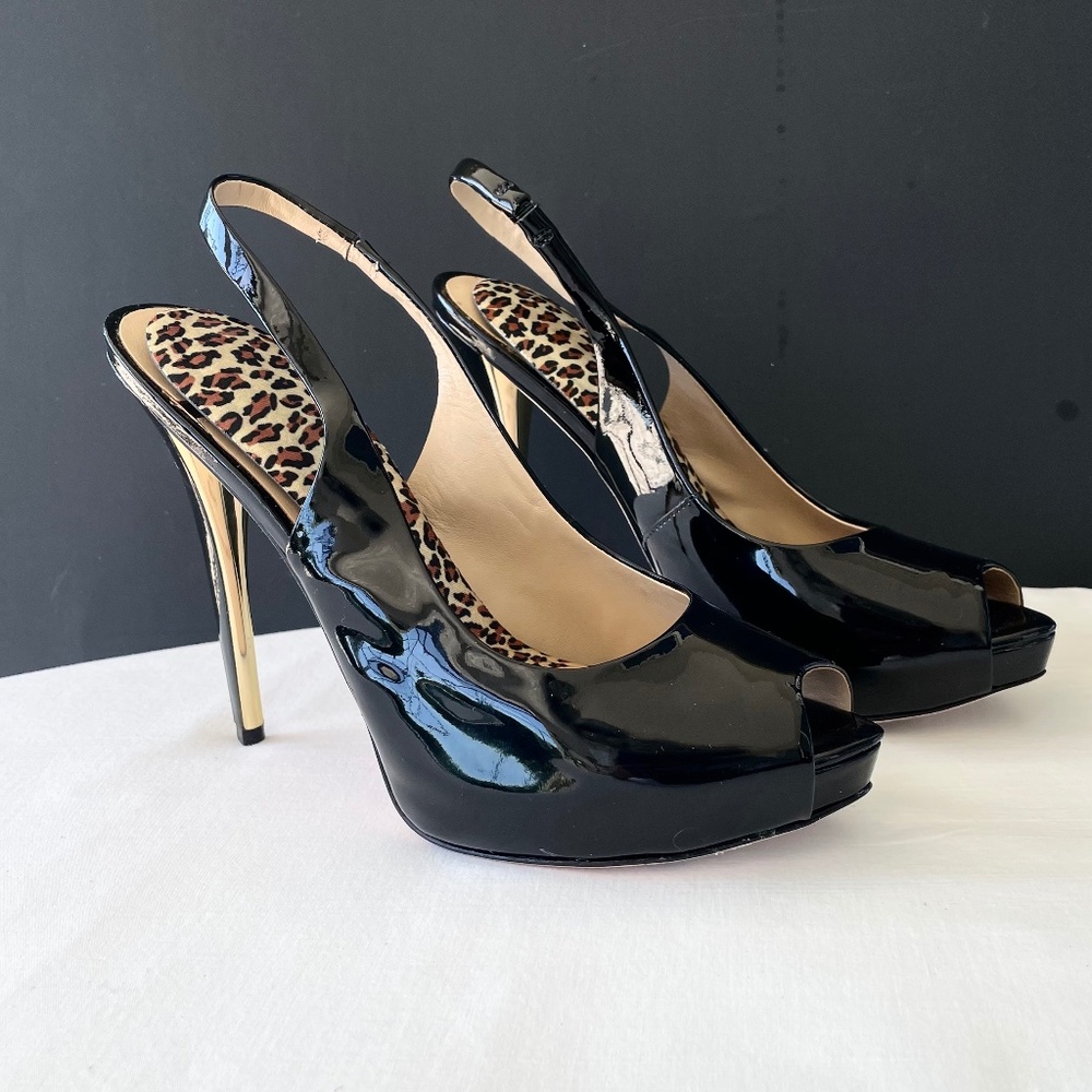 Marciano Black Patent Prep Toe Pump Slingback Heels Women’s Size 8M/38 EXC